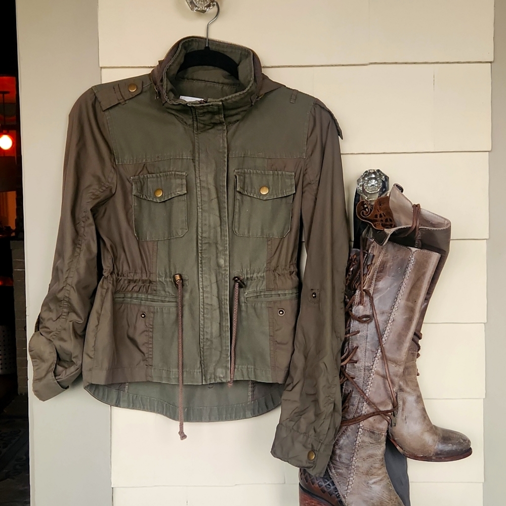 Army Jacket by Selby hood and pockets,military, Cargo, Safari Adjustable Waist S